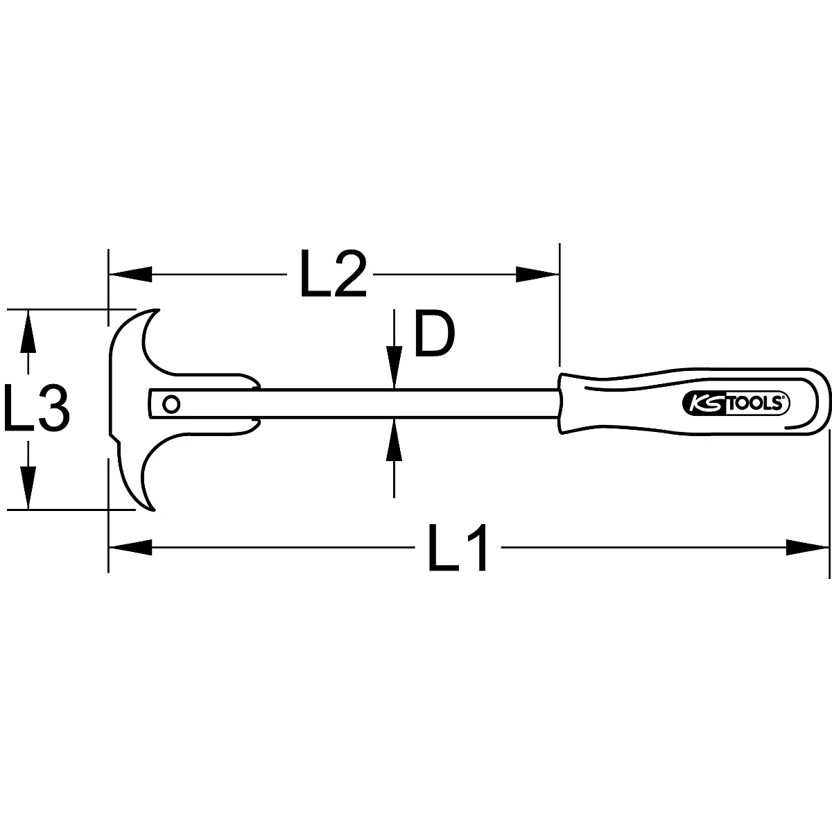 Zeichnung eines Werkzeugs mit Maßangaben: L1, L2, L3 und D. Das Werkzeug hat einen Griff mit dem Logo "KS TOOLS".